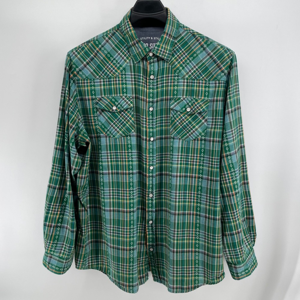 Mossimo Supply Western Snap Shirt Mens XXL 100% Cotton Green Plaid Long Sleeve
